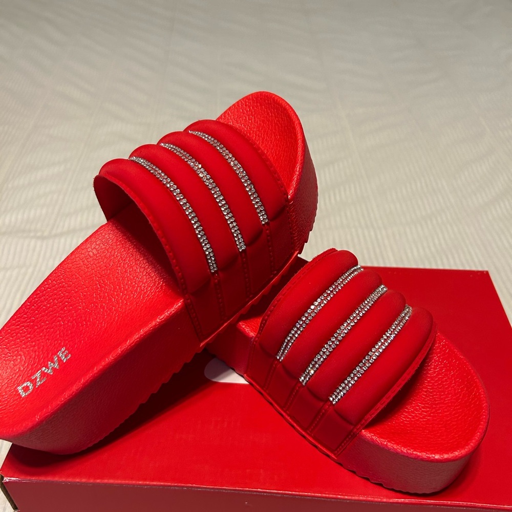 Red Slide Sandals with Rhinestone Straps